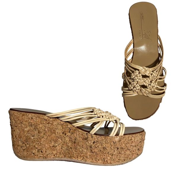 Vicini Tapeet Natural Cork Wedge US 7 EU 37.5 Beige Platform Made in Italy NEW - Picture 2 of 16